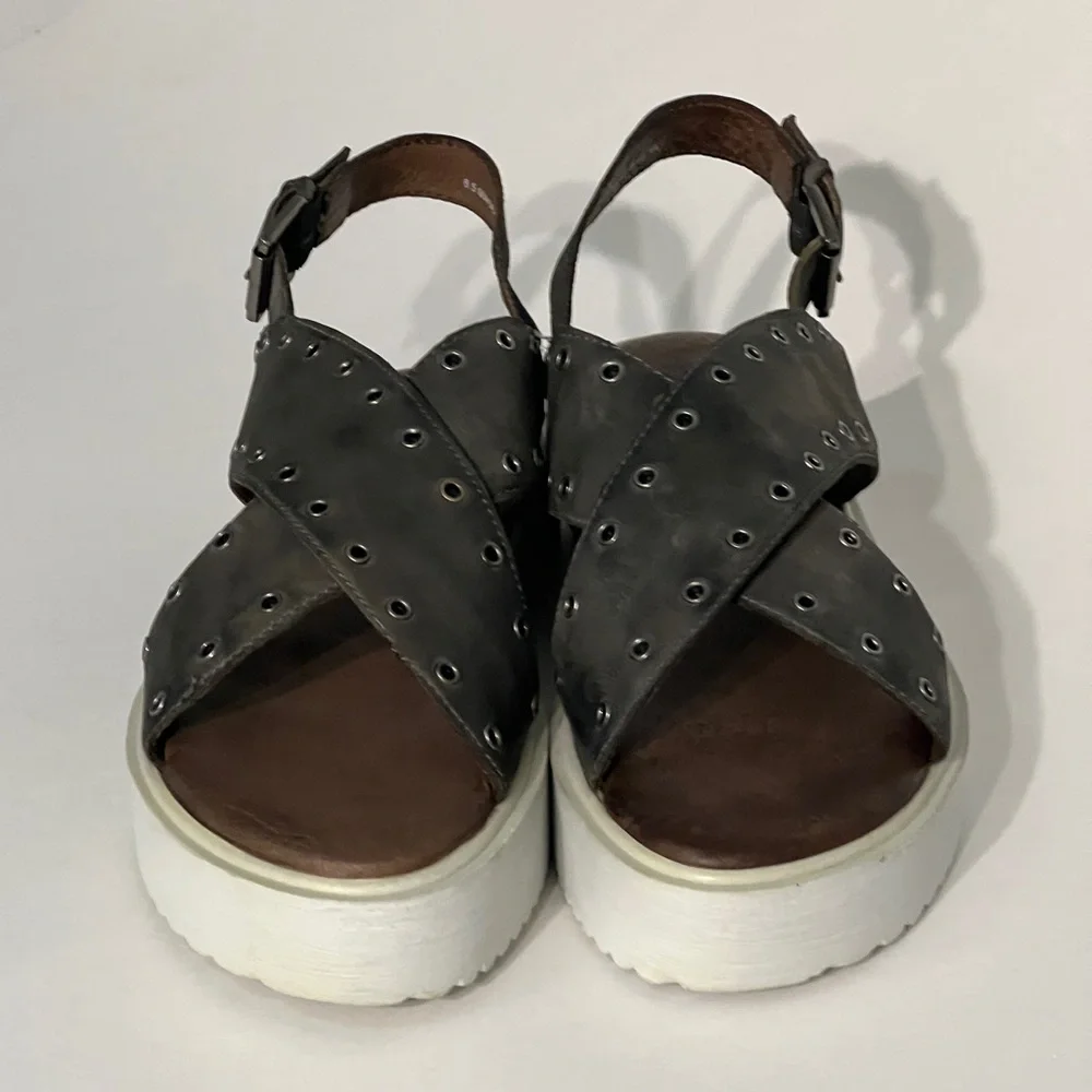 Bed Stu Roan Hali Platform Sandals, size 8.5. Grey  Leather heel strap grommets
